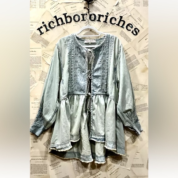 Free People Sweet Summer Bed Jacket Dress Oversize Chambray Denim Swingy - Picture 3 of 6